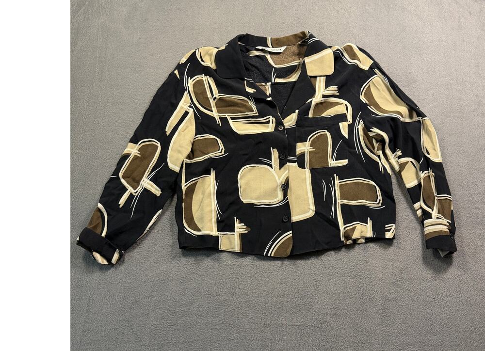 Zara Womens Medium Black Beige Abstract Print Collared Button Up Blouse Top M